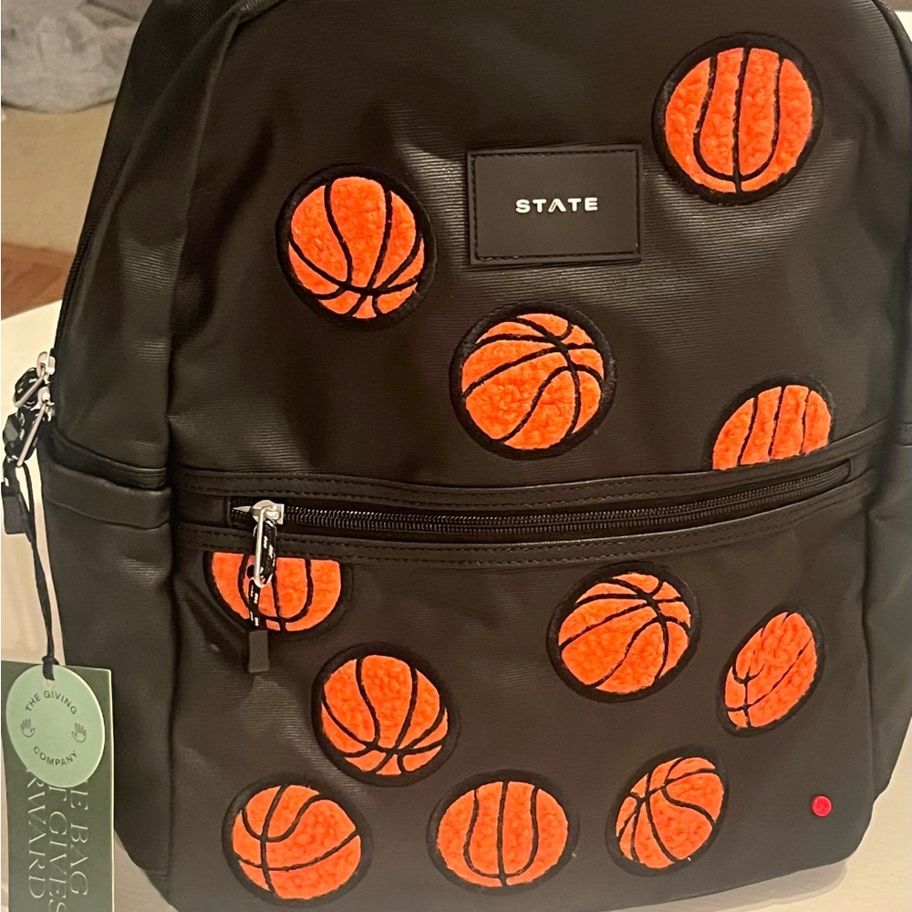 STATE Black Backpack with Orange Basketball Design